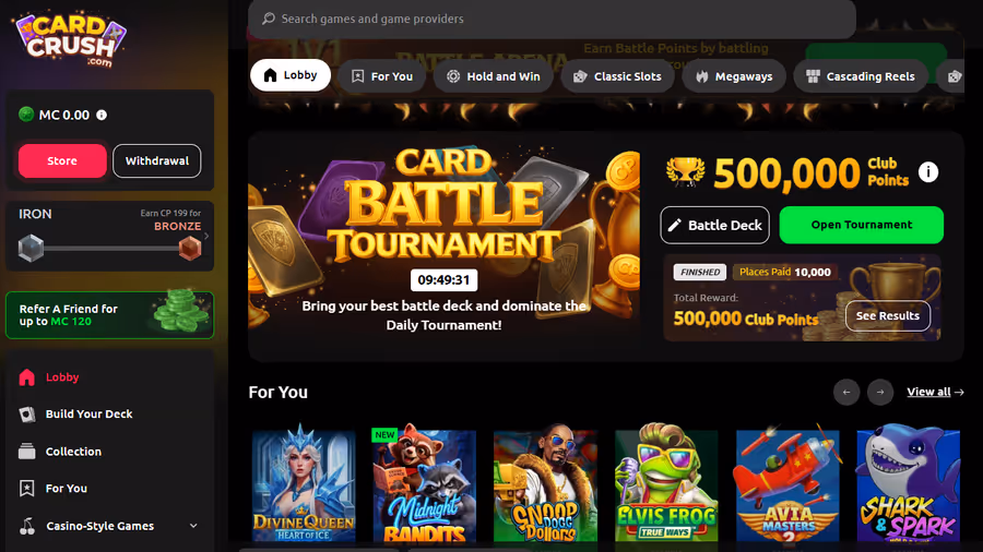 Card Crush sweepstakes casino homepage