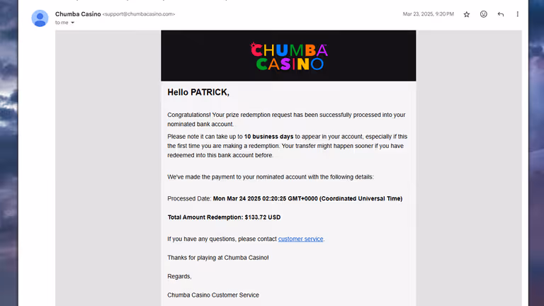 Chumba casino cash redemption proof