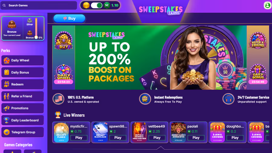 SweepstakesCasino.com sweepstakes casino homepage