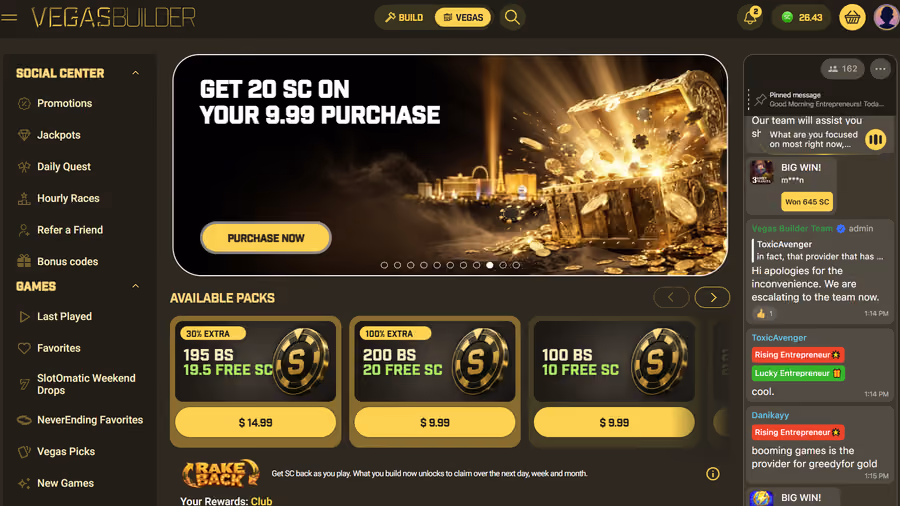 VegasBuilder sweepstakes casino homepage